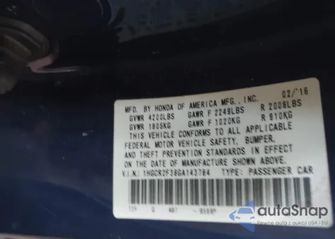 2016 Honda Accord Lx z USA, uszkodzony, nr VIN 1HGCR2F38GA143784